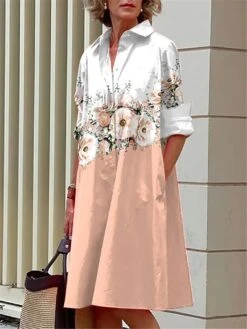 Women's Shirt Dress Casual Dress Midi Dress Outdoor Daily Date Satin Fashion Modern Shirt Collar Button Pocket Long Sleeve Fall Winter 2023 Loose Fit Yellow Pink Blue Floral S M L XL XXL -HANA Luxury Wear Shop zrithb1695360873659