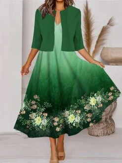 Women's Two Piece Dress Set Casual Dress Tank Dress Outdoor Daily Fashion Streetwear Pocket Print Midi Dress V Neck 3/4 Length Sleeve Floral Ombre Regular Fit Blue Brown Green Spring Fall S M L XL XXL -HANA Luxury Wear Shop zsihcs1690860562953