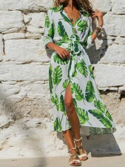 Women's Shirt Dress Casual Dress Tunic Dress Midi Dress Outdoor Daily Date Polyester Basic Classic Shirt Collar Button Tie Belt 3/4 Length Sleeve Spring Fall Winter 2023 Loose Fit Black Blue Green -HANA Luxury Wear Shop zsxadx1693390904203