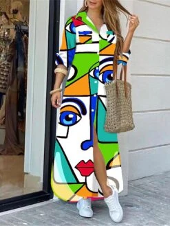 Women's Shirt Dress Casual Dress Maxi Long Dress Outdoor Daily Polyester Fashion Hot Shirt Collar Button Print Long Sleeve Summer Spring Fall 2023 Regular Fit ArmyGreen Black Pink Geometric Abstract -HANA Luxury Wear Shop zsxucx1689054963043