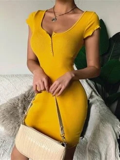 Women‘s Sweater Dress Winter Dress Bodycon Sheath Dress Mini Dress Fashion Pure Color Outdoor Casual Vacation Going Out V Neck Short Sleeve Button 2023 Slim Black Yellow Wine S M L XL 2XL 3XL -HANA Luxury Wear Shop ztdtdk1679382611989