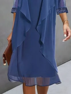 Women's Two Piece Dress Set Casual Dress Chiffon Dress Outdoor Daily Fashion Elegant Patchwork Sequin Midi Dress Crew Neck 3/4 Length Sleeve Plain Regular Fit Navy Blue Fall Winter S M L XL XXL -HANA Luxury Wear Shop ztknym1694596523730