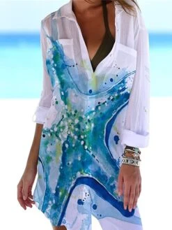 Women's Shirt Dress Cover Up Beach Wear Mini Dress Pocket Print Fashion Casual Fish Turndown 3/4 Length Sleeve Loose Fit Outdoor Daily White Blue 2023 Summer Spring S M L XL -HANA Luxury Wear Shop ztwjkl1676972499170