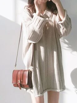 Women's Sweater Dress Jumper Dress Knit Dress Mini Dress Warm Pure Color Outdoor Home Casual Vacation V Neck Long Sleeve 2023 Loose Fit Black Burgundy Apricot One Size -HANA Luxury Wear Shop ztxomn1694166172292