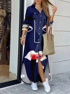 Women's Shirt Dress Casual Dress Maxi Long Dress Outdoor Daily Polyester Fashion Modern Shirt Collar Button Split Long Sleeve Summer Spring Fall 2023 Regular Fit White Wine Red Abstract S M L XL XXL -HANA Luxury Wear Shop zubpwl1689055149081