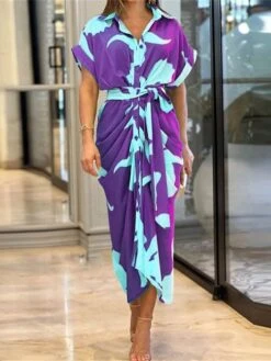 Women's Shirt Dress Casual Dress Maxi Long Dress Outdoor Daily Vacation Polyester Hot Casual Shirt Collar Lace Up Print Short Sleeve Summer Spring 2023 Regular Fit Pink Purple Green Flower S M L XL -HANA Luxury Wear Shop zviphv1689042985835