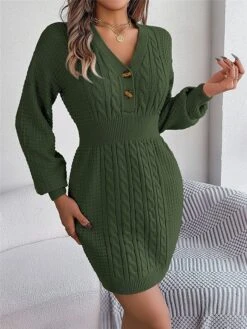 Women's Sweater Dress Winter Dress Jumper Dress Mini Dress Active Pure Color Outdoor Casual Holiday Vacation V Neck Long Sleeve Button 2023 Regular Fit White Pink Green S M L -HANA Luxury Wear Shop zvoijz1696926540649