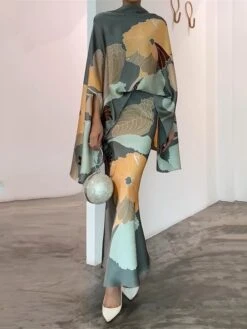 Women's Two Piece Dress Set Casual Dress Skirt Set Outdoor Date Fashion Streetwear Print Long Dress Maxi Dress Stand Collar Long Sleeve Floral Regular Fit Green Fall S M L XL XXL