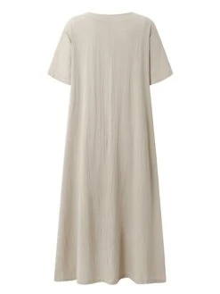 Women's Linen Dress Shift Dress Midi Dress Black Pink Apricot Short Sleeve Pure Color Pocket Summer Spring Fall Crew Neck Basic Loose Fit 2023 M L XL 2XL 3XL 4XL 5XL -HANA Luxury Wear Shop zwvpfr1684215451235