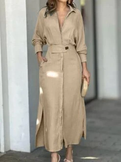 Women's Shirt Dress Casual Dress Sheath Dress Maxi Long Dress Outdoor Office Daily Polyester Fashion Modern Shirt Collar Button Long Sleeve Summer Spring Fall 2023 Loose Fit White Pink Blue Plain S M -HANA Luxury Wear Shop zwxpvx1684320410196