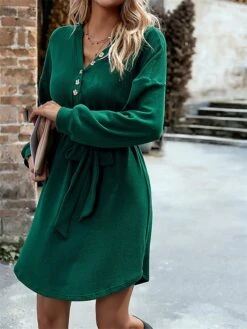 Women‘s Christmas Sweater Dress Jumper Dress Winter Dress Basic Christmas Street Daily Weekend V Neck Long Sleeve Lace Up Button 2023 Regular Fit Black Red Blue S M L XL -HANA Luxury Wear Shop zxbanf1692340852255