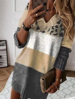 Women's Sweater Dress Winter Dress Jumper Dress Mini Dress Fashion Leopard Outdoor Street Daily Vacation V Neck Long Sleeve Print 2023 Loose Fit Khaki S M L XL -HANA Luxury Wear Shop zxbgya1693906960632