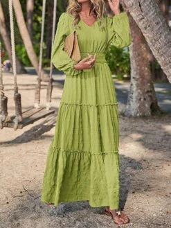 Women's Casual Dress Cotton Linen Dress Swing Dress Midi Dress Polyester Fashion Modern Outdoor Daily Vacation V Neck Ruched Ruffle Long Sleeve Summer Spring Fall 2023 Loose Fit Black Yellow Blue -HANA Luxury Wear Shop zxcfyq1691040691448