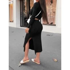 Women's Two Piece Dress Set Casual Dress Sweater Dress Outdoor Daily Fashion Streetwear Split Midi Dress Crew Neck Long Sleeve Plain Regular Fit Black White Orange Fall Winter S M L XL XXL -HANA Luxury Wear Shop zxmkxh1695635372798