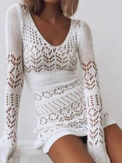 Women‘s Sweater Dress Winter Dress White Dress Brown White Long Sleeve Pure Color Ruched Winter Fall V Neck Casual XS S M L XL -HANA Luxury Wear Shop zxtooy1630657536305