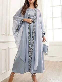 Women's Two Piece Dress Set Party Dress Sheath Dress Party Wedding Guest Fashion Party Embroidered Long Dress Maxi Dress Crew Neck Long Sleeve Print Regular Fit Gray Fall Winter S M L XL -HANA Luxury Wear Shop zxvfzc1695105968306