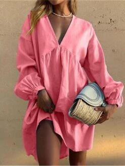 Women's Casual Dress Cotton Linen Dress Mini Dress Cotton Basic Classic Outdoor Daily Vacation V Neck Basic Long Sleeve Summer Spring Fall 2023 Loose Fit Yellow Red Blue Plain S M L XL 2XL -HANA Luxury Wear Shop zyctsa1690881680629