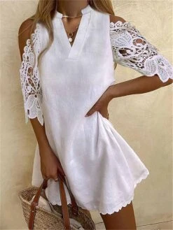 Women's Casual Dress Cotton Dress White Dress Mini Dress Cotton Fashion Modern Outdoor Daily Holiday Split Neck Lace Cold Shoulder Half Sleeve Summer Spring 2023 Loose Fit White Plain S M L XL 2XL