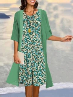 Women's Two Piece Dress Set Casual Dress Print Dress Outdoor Daily Fashion Elegant Print Midi Dress Crew Neck 3/4 Length Sleeve Floral Regular Fit Navy Blue Green Gray Summer Spring S M L XL XXL -HANA Luxury Wear Shop zzvanj1683710365097